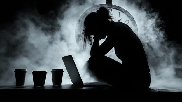 Silhouette of a woman sitting stressed with a laptop, large clock behind her, and coffee cups nearby, symbolizing overwork, time pressure, and exhaustion.