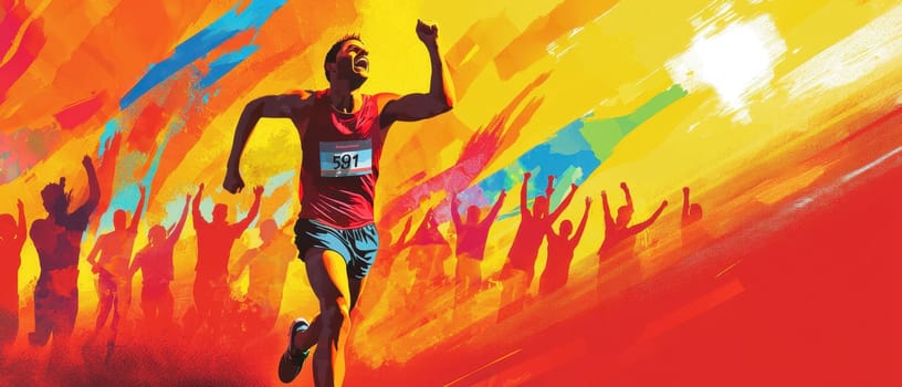 Colorful poster depicting an energized marathon runner celebrating victory amidst an enthusiastic crowd, capturing the spirit of competition and achievement.