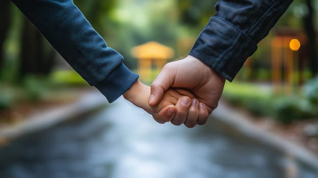 A close-up of two hands holding together, symbolizing connection and trust, with a soft-focus park background and a peaceful, natural ambiance.