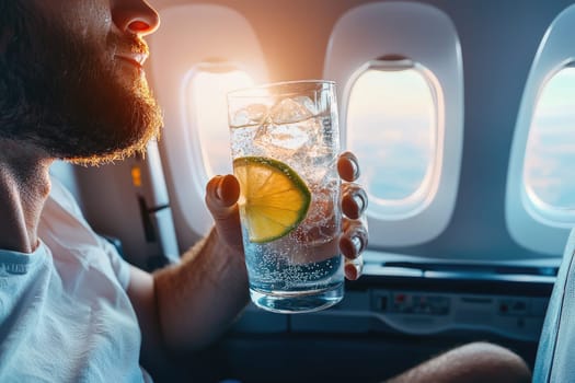Man on plane enjoying gin and tonic with lime slice, sunset view.
