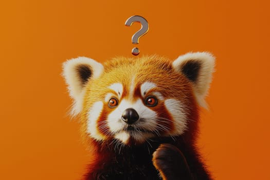 Curious red panda with question mark on orange background.