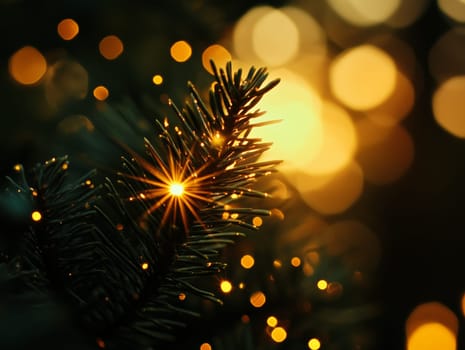 Close-up of an evergreen branch illuminated by warm bokeh lights, creating a cozy holiday ambiance with a glowing sparkle effect.