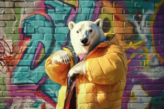 polar bear in bright yellow winter jacket poses confidently against colorful graffiti wall.