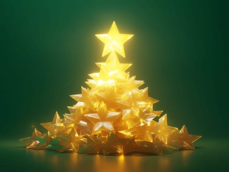 A creative Christmas tree formed by glowing star-shaped lights stacked in a pyramid shape, with a green background, creating a festive holiday ambiance.