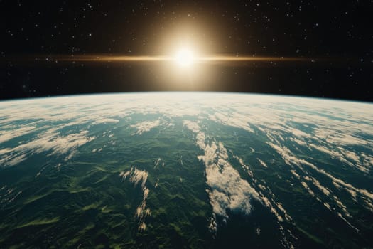 Sunrise over Earth from space, highlighting clouds and green landscapes.