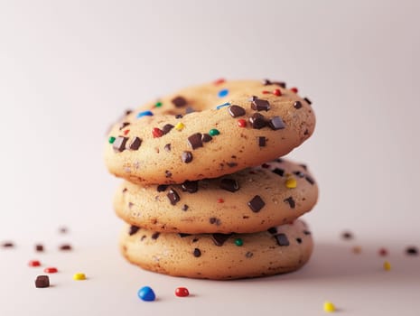 Close-up of a neatly stacked pile of chocolate chip cookies on a beige background, showcasing texture and simplicity. No people.