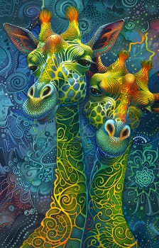 Two vibrant giraffes with psychedelic colors in a surreal, abstract art scene.