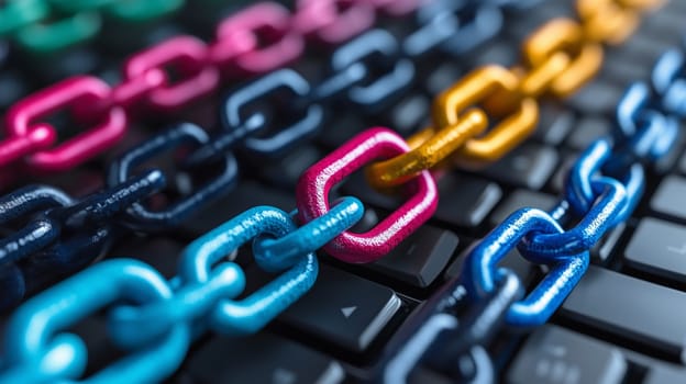 Close-up of vibrant metal chains laid across a computer keyboard, representing cybersecurity, data protection, and internet security concepts.