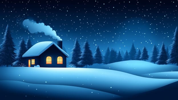 A warmly lit wooden cabin nestled in a snowy mountain setting at twilight, with smoke rising from the chimney, evoking winter coziness and solitude.