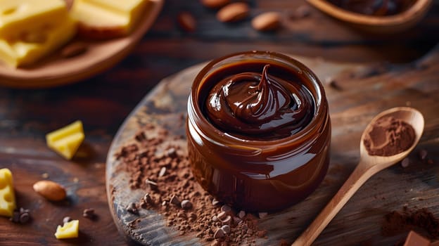 Chocolate spread in jar on rustic wooden board with toppings, ideal for breakfast.