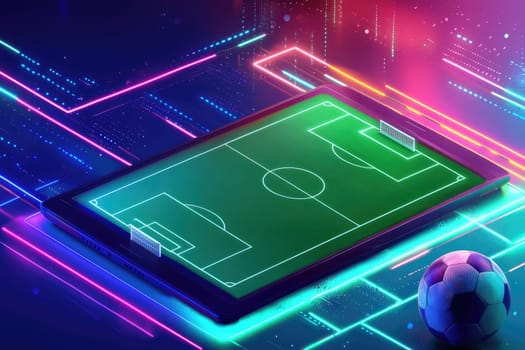 Digital soccer field on tablet with vibrant neon lights and ball.