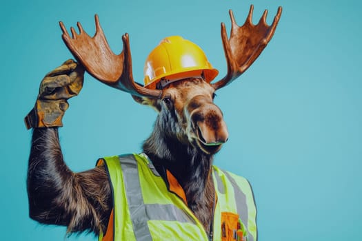 moose in safety attire dabbing with one hoof, showcasing fun and humor.