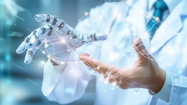 Close-up of a robotic hand reaching toward a human hand with digital network effects, symbolizing advanced technology and human-robot collaboration.