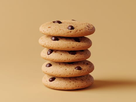 Close-up of a neatly stacked pile of chocolate chip cookies on a beige background, showcasing texture and simplicity. No people.