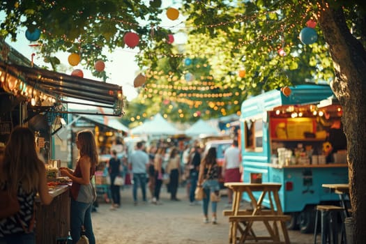 Food truck festival with vibrant decorations and lively crowd.