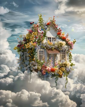 Whimsical house with vibrant flowers floating in a surreal cloudy sky landscape