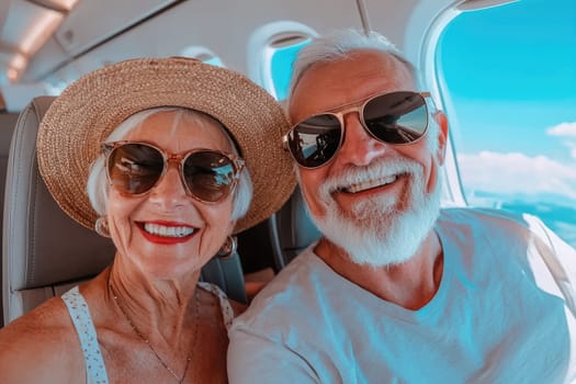 smiling senior couple enjoying their flight with sunglasses and hats.