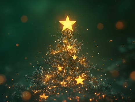 A creative Christmas tree formed by glowing star-shaped lights stacked in a pyramid shape, with a green background, creating a festive holiday ambiance.