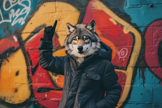 wolf in stylish winter coat dabbing confidently against graffiti.