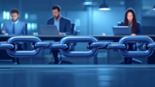 Large metal chain in the foreground with office workers behind, symbolizing teamwork, connection, or corporate constraints.
