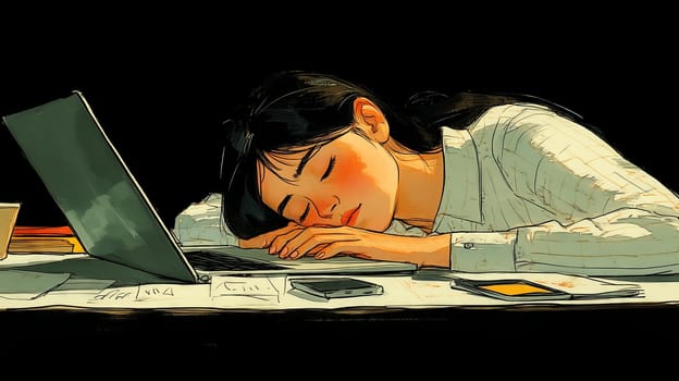 Illustration of a tired woman resting her head on a desk beside her laptop and paperwork, capturing exhaustion and work-life balance challenges.