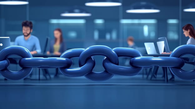 Large metal chain in the foreground with office workers behind, symbolizing teamwork, connection, or corporate constraints.