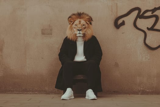 stylish lion wearing fashionable clothing sits against wall.