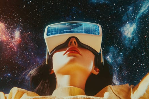 Surreal futuristic woman wearing VR headset in cosmic space.