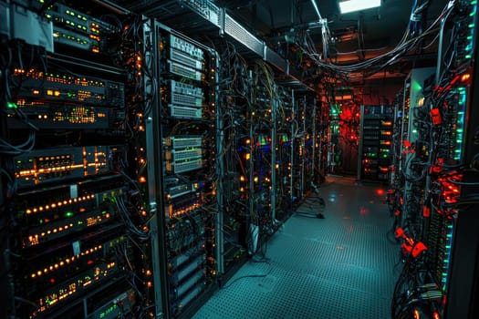 Data center filled with servers and networking equipment, glowing lights.