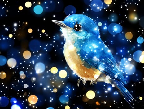 Vibrant illustration of a blue bird with sparkling effects and a background filled with colorful bokeh lights, creating a magical, whimsical atmosphere.