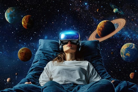 Futuristic woman wearing VR headset, exploring cosmic universe.