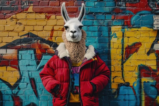 llama wearing trendy winter parka stands against colorful graffiti wall.