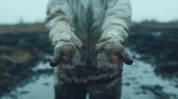 Close-up of muddy hands presenting a fragile tree sapling in a barren, polluted environment, symbolizing hope, resilience, and environmental restoration.
