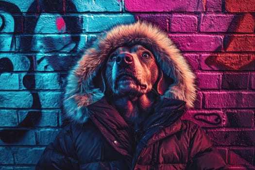 dog in fur lined parka poses against colorful graffiti wall.