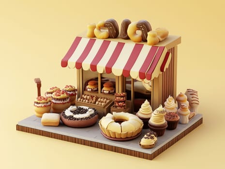 Miniature model of a bakery stall with striped awning displaying an assortment of pastries and desserts on a yellow background. Detailed and decorative setup. No people.
