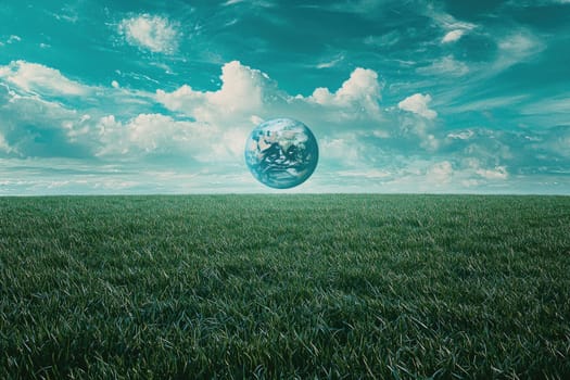 floating Earth above vast green field under cloudy sky.