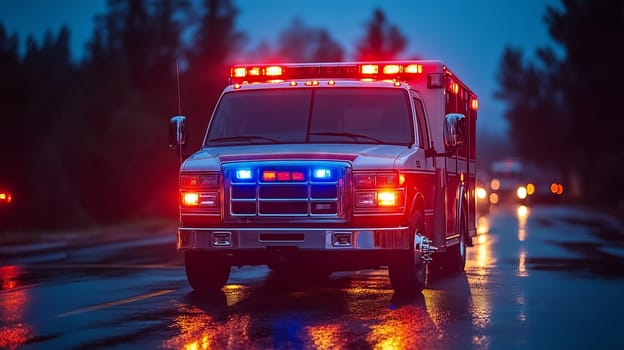 Night scene of an ambulance with flashing lights on a wet road, reflecting off the pavement in a moody, emergency response setting.