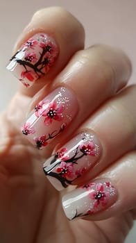 A closeup of a persons nails decorated with cherry blossom pattern in pink and magenta hues. Each finger and thumb carefully painted with nail polish, showcasing nail care as a fashion accessory