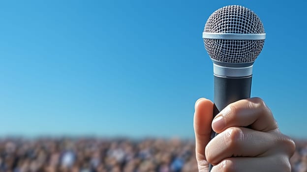 Close-up of a hand holding a microphone, facing a blurred crowd, symbolizing public speaking or performance.