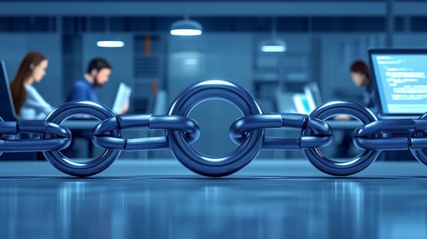 Large metal chain in the foreground with office workers behind, symbolizing teamwork, connection, or corporate constraints.