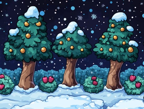 Cartoon-style winter forest scene with decorated Christmas trees, snow-covered ground, and falling snowflakes, creating a festive and magical atmosphere.