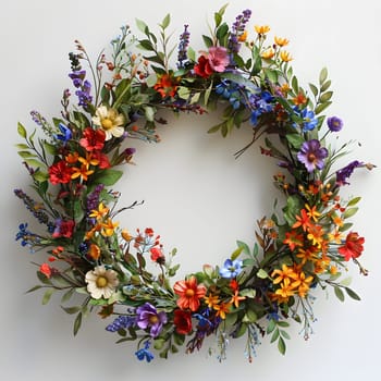 A beautiful handmade wreath adorned with vibrant wildflowers and lush greenery