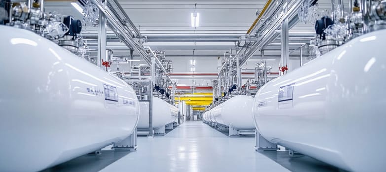 Rows of large white tanks and complex network of pipes storing clean energy resources in modern industrial plant