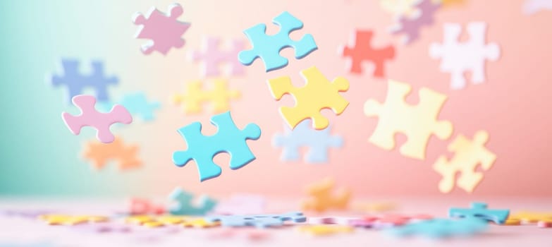 Jigsaw puzzle pieces floating against a pastel background, representing problem-solving, teamwork, and creative thinking