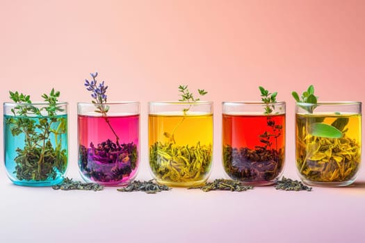 Five colorful herbal tea infusions and dried herbs are displayed in glass cups on a pink background