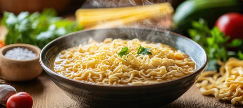 Enjoying a comforting bowl of instant noodles with fresh herbs and vegetables, creating a flavorful and satisfying meal
