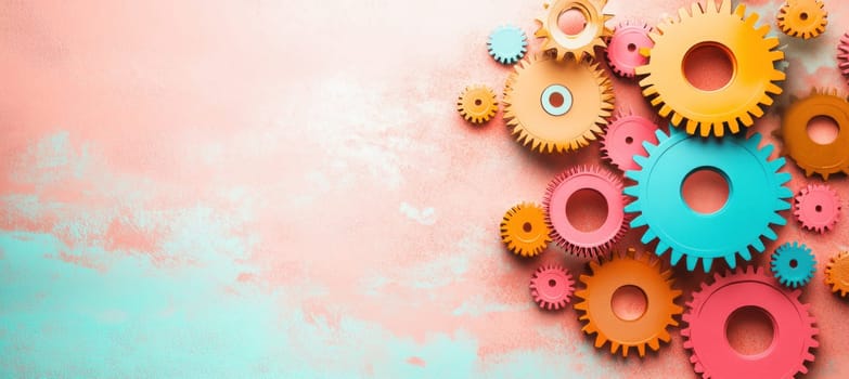 Interlocking colorful gears symbolize teamwork, collaboration, and innovation on a textured pastel background, representing a harmonious and efficient system
