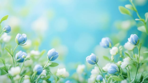 Beautiful blue and white flowers blooming, creating a serene and dreamy atmosphere