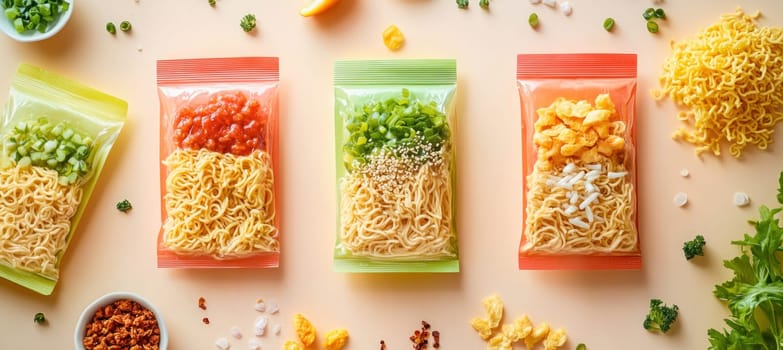 Instant noodles packaged with various toppings offer a convenient and customizable meal option