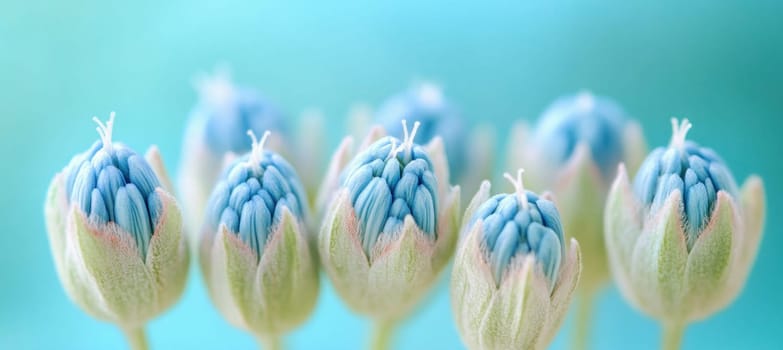 Macro photography showcasing the delicate beauty of emerging blue flower buds against a vibrant turquoise backdrop